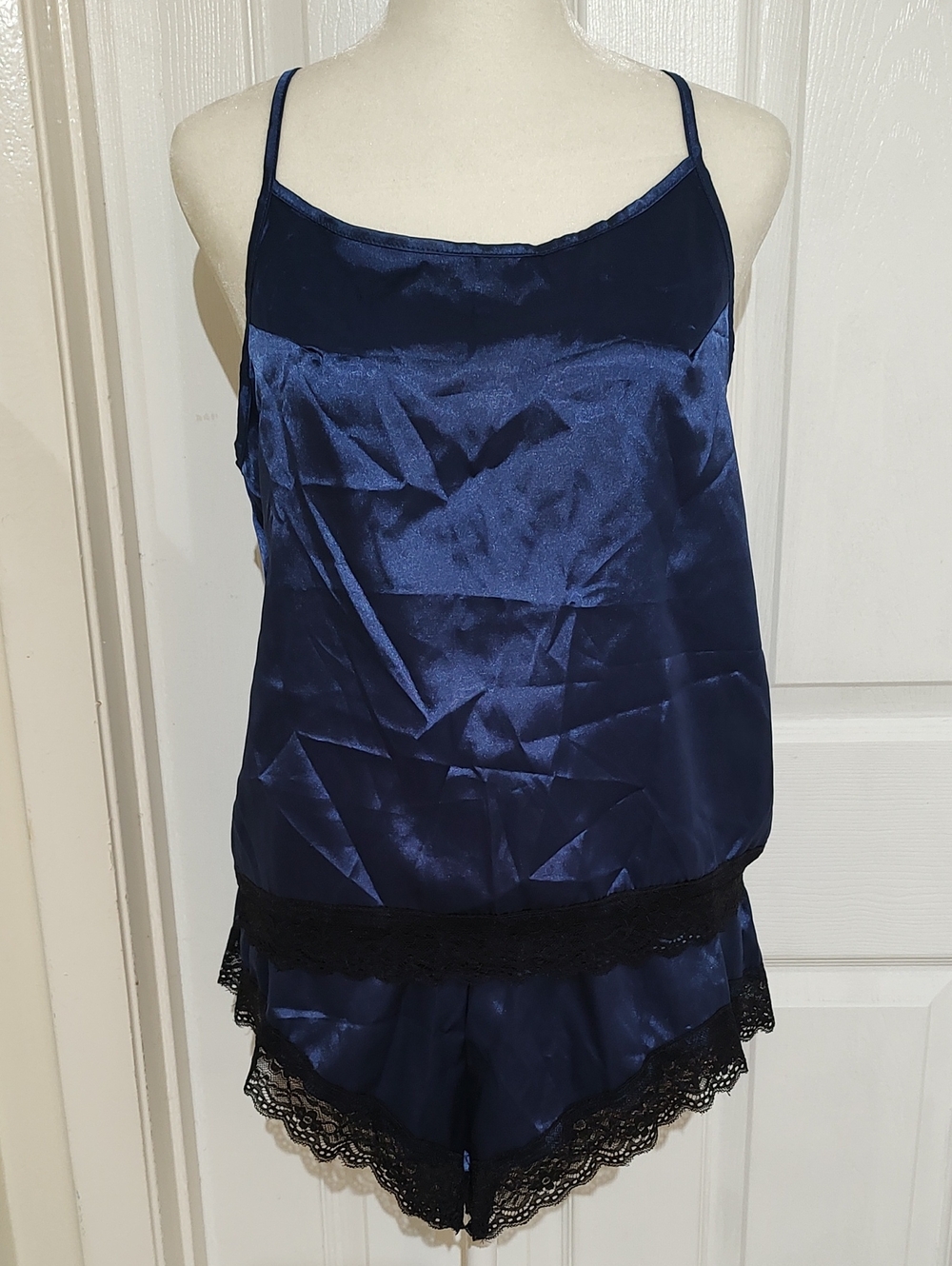 Women's Navy Satin Lace-Trim Cami & Short Sleep Set